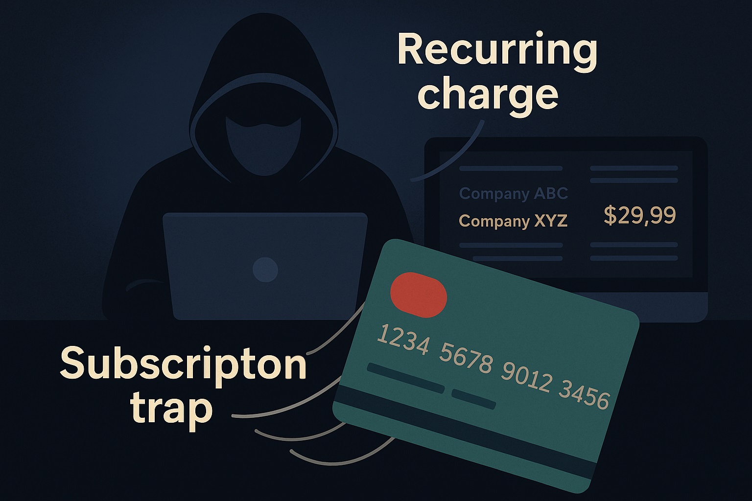 black hacker stealing money from credit cards recurring charge subscription trap unathorized billings