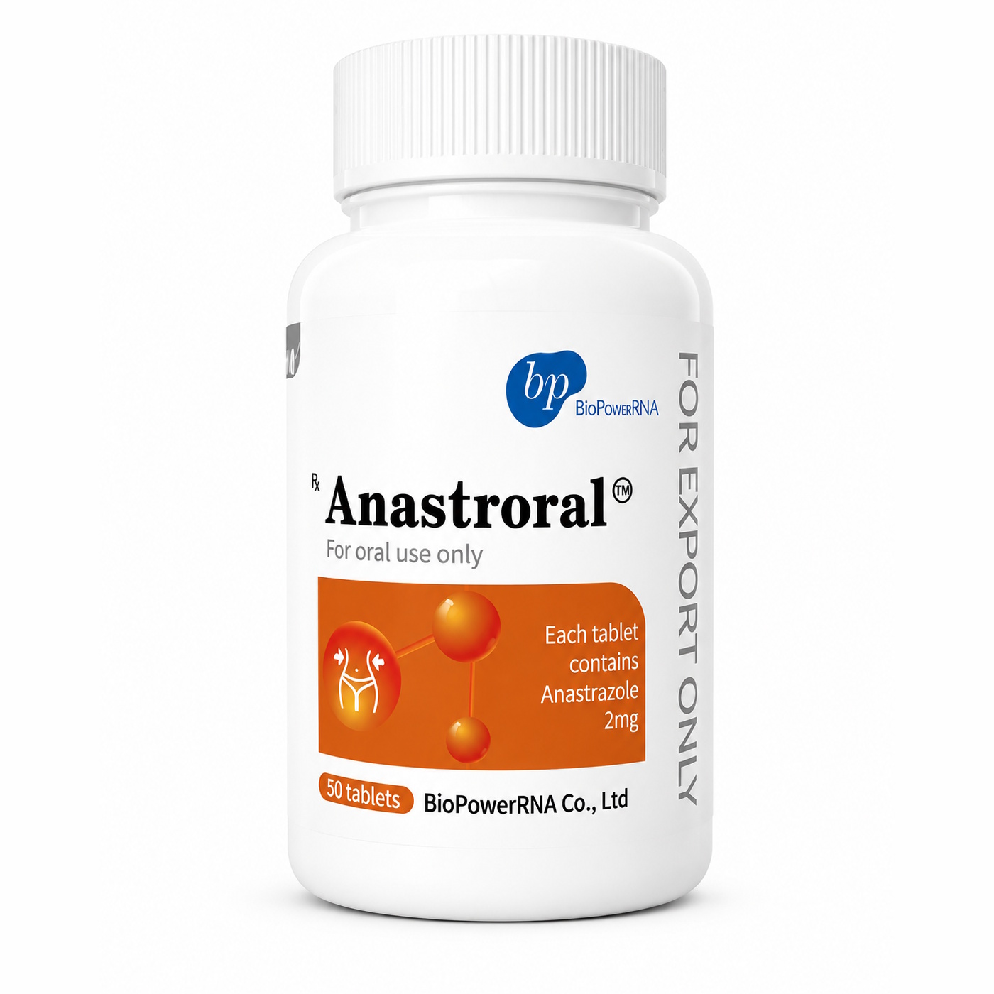 Anastroral contains Anastrozole 2 mg per tablet, a premium aromatase inhibitor manufactured by BioPowerRNA. Supplied in a sealed bottle containing 50 tablets