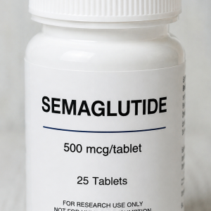 Semaglutide 500mcg tablets in a 25-tablet bottle. Oral GLP-1 receptor agonist formulation containing 0.5mg semaglutide per tablet and 12.5mg total.