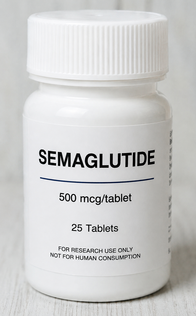 Semaglutide 500mcg tablets in a 25-tablet bottle. Oral GLP-1 receptor agonist formulation containing 0.5mg semaglutide per tablet and 12.5mg total.